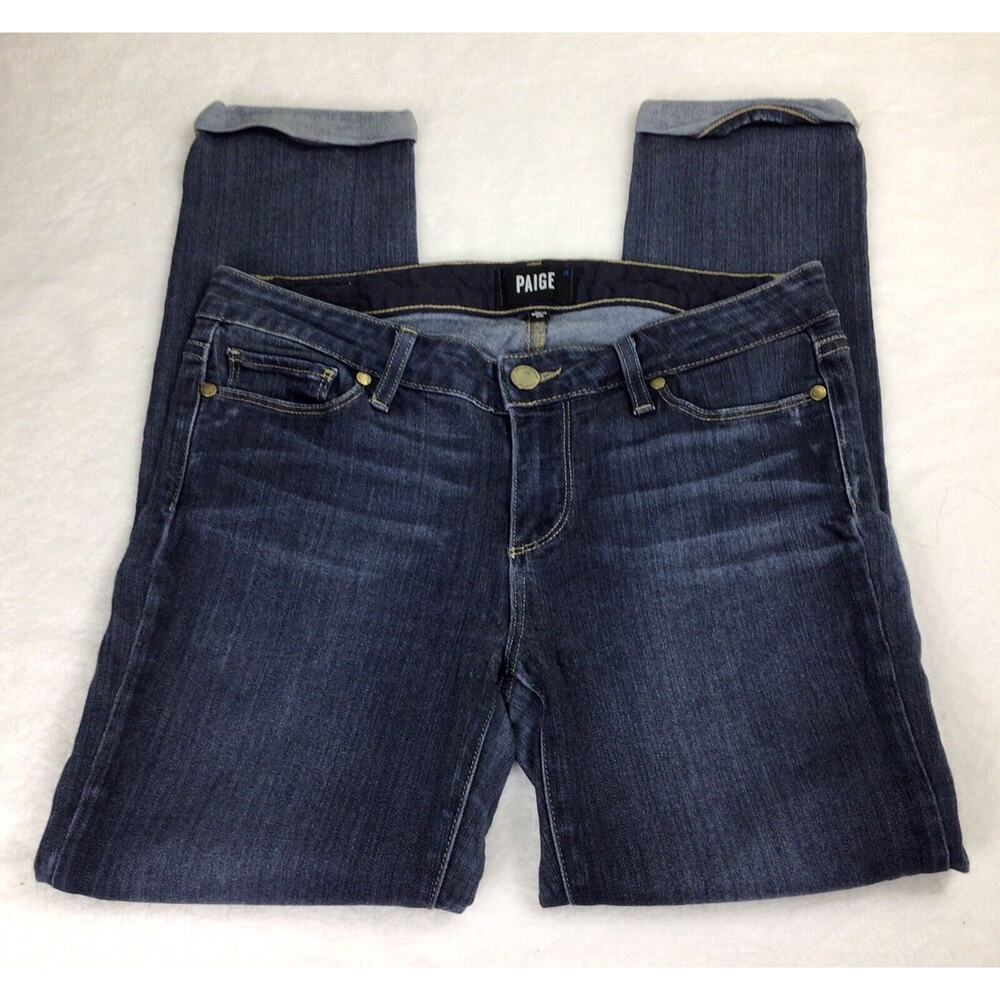 Paige Skyline Crop Jeans Sz 27 Dark Blue Wash Cuffed Skinny Mid Rise Stretch - Picture 2 of 11
